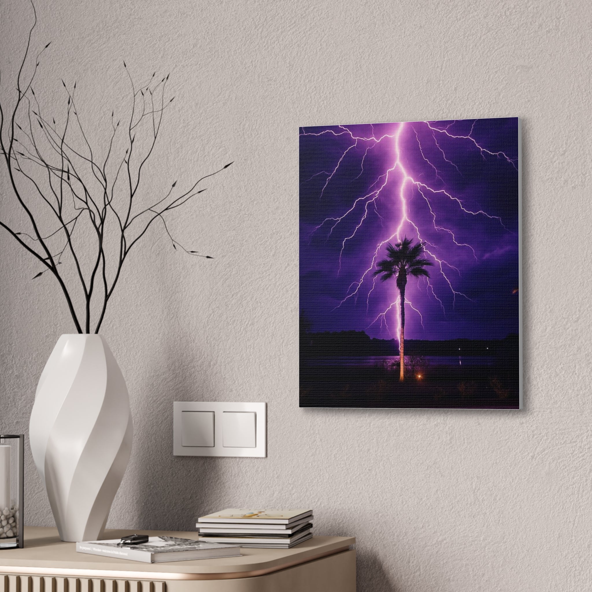 Purple Lightning Palm Tree Canvas Wall Art — Storm Photography Stretched Canvas