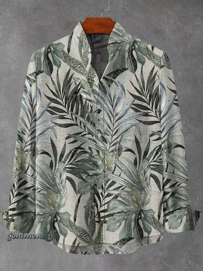 2025 Spring and Autumn Men'S Fashion Stand Collar Linen Long Sleeved Shirt Elegant Fragmented Pattern Printed Top