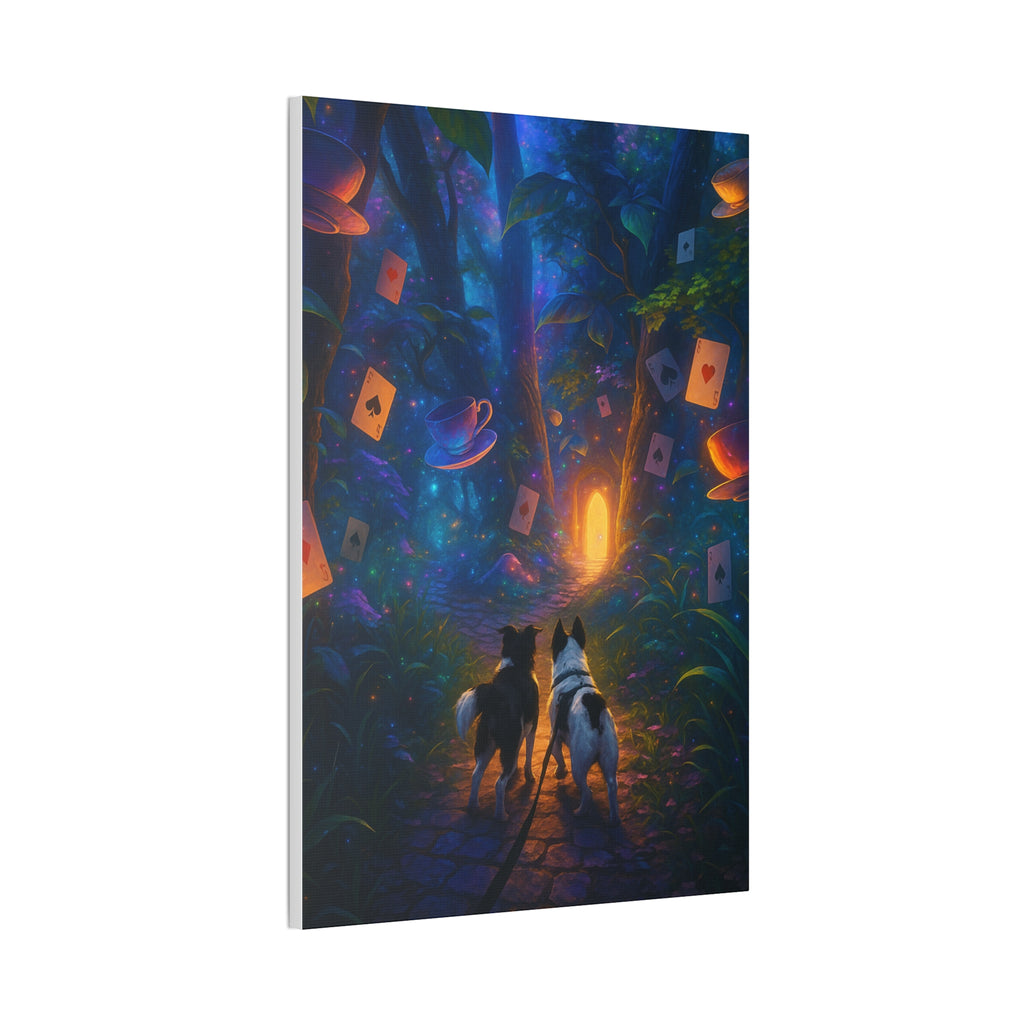 Magic Forest Canvas Wall Art — Dogs Exploring Wonderland with Glowing Door & Floating Playing Cards