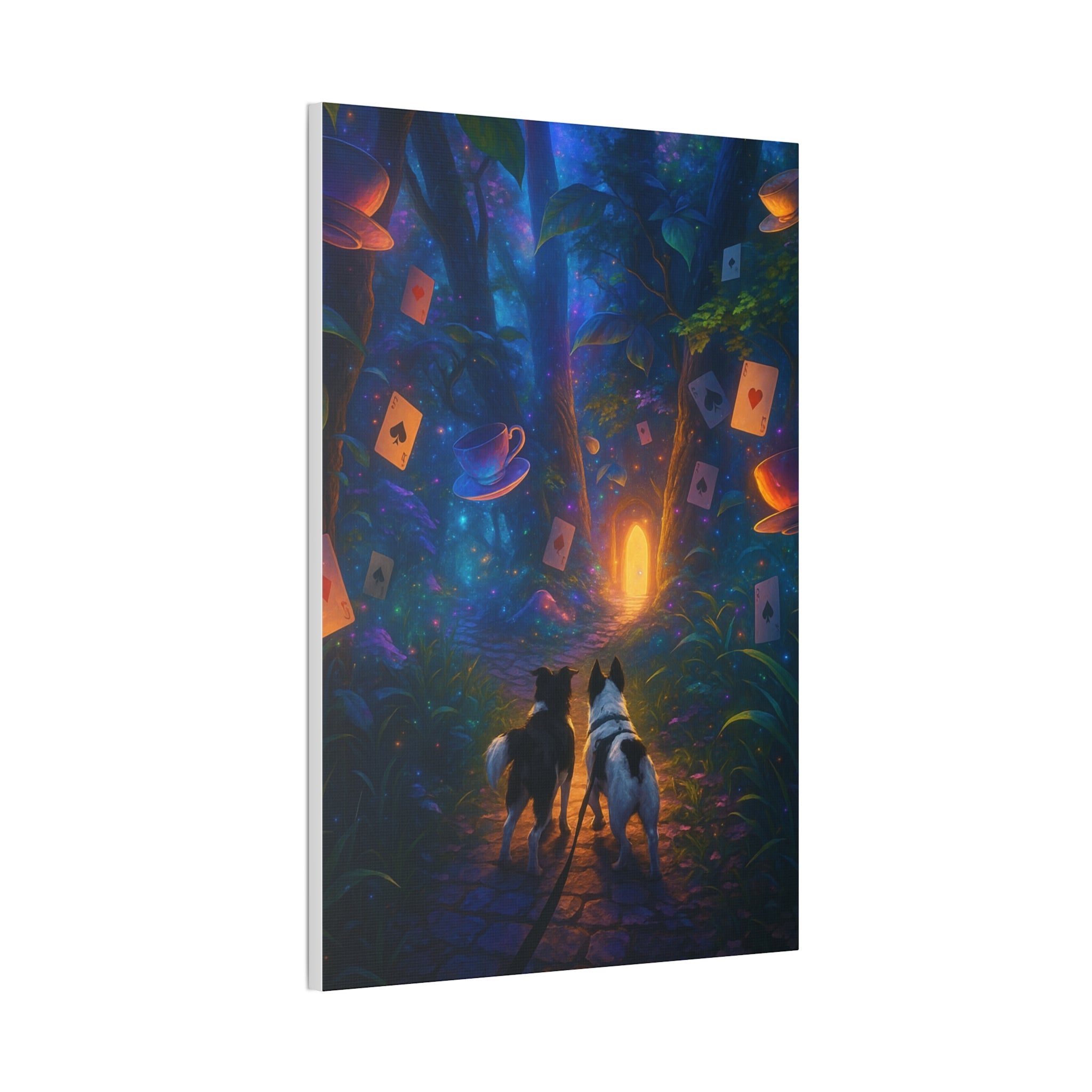 Magic Forest Canvas Wall Art — Dogs Exploring Wonderland with Glowing Door & Floating Playing Cards
