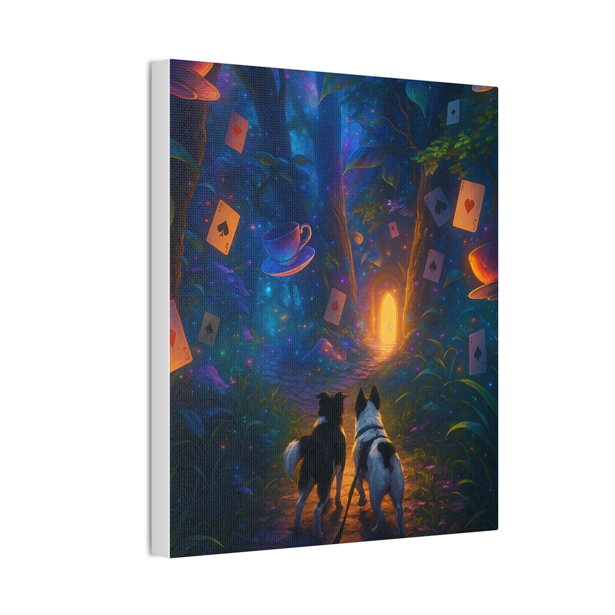 Magic Forest Canvas Wall Art — Dogs Exploring Wonderland with Glowing Door & Floating Playing Cards