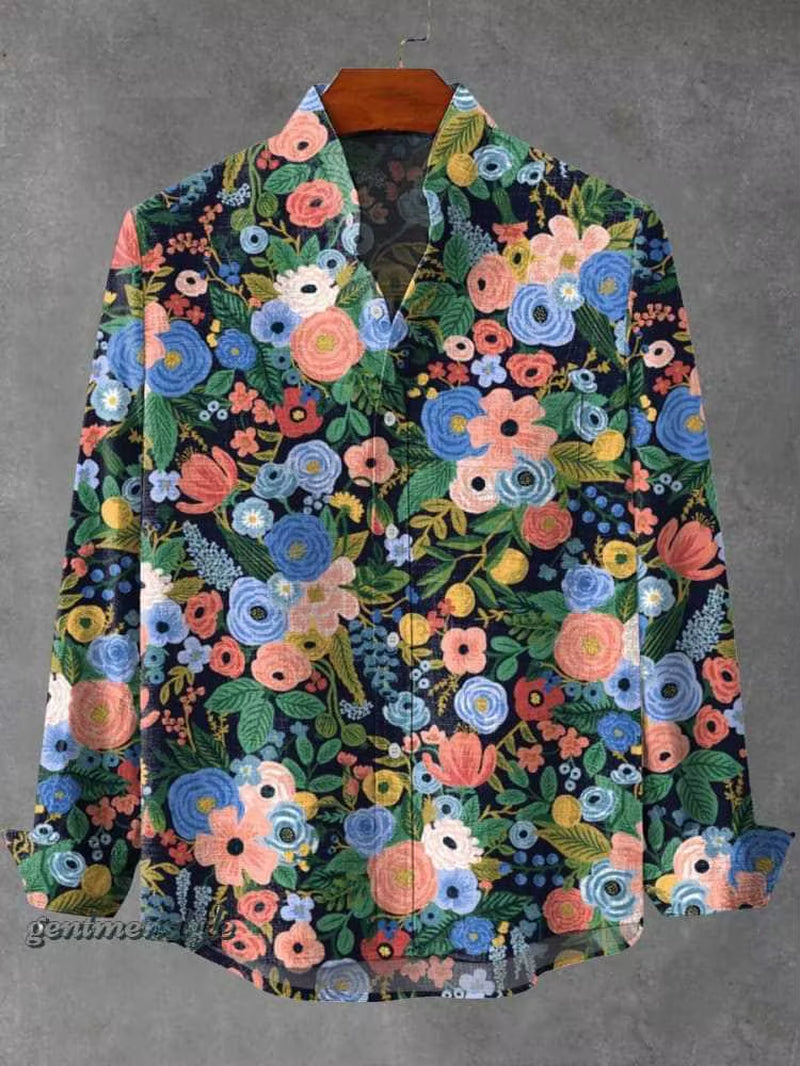 2025 Spring and Autumn Men'S Fashion Stand Collar Linen Long Sleeved Shirt Elegant Fragmented Pattern Printed Top