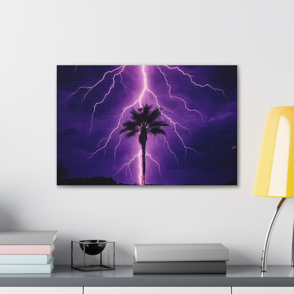 Purple Lightning Palm Tree Canvas Wall Art — Storm Photography Stretched Canvas