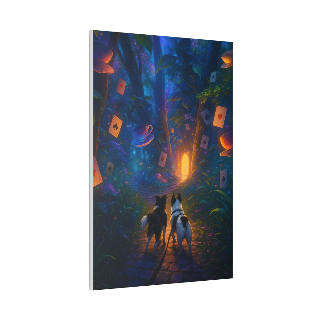 Magic Forest Canvas Wall Art — Dogs Exploring Wonderland with Glowing Door & Floating Playing Cards
