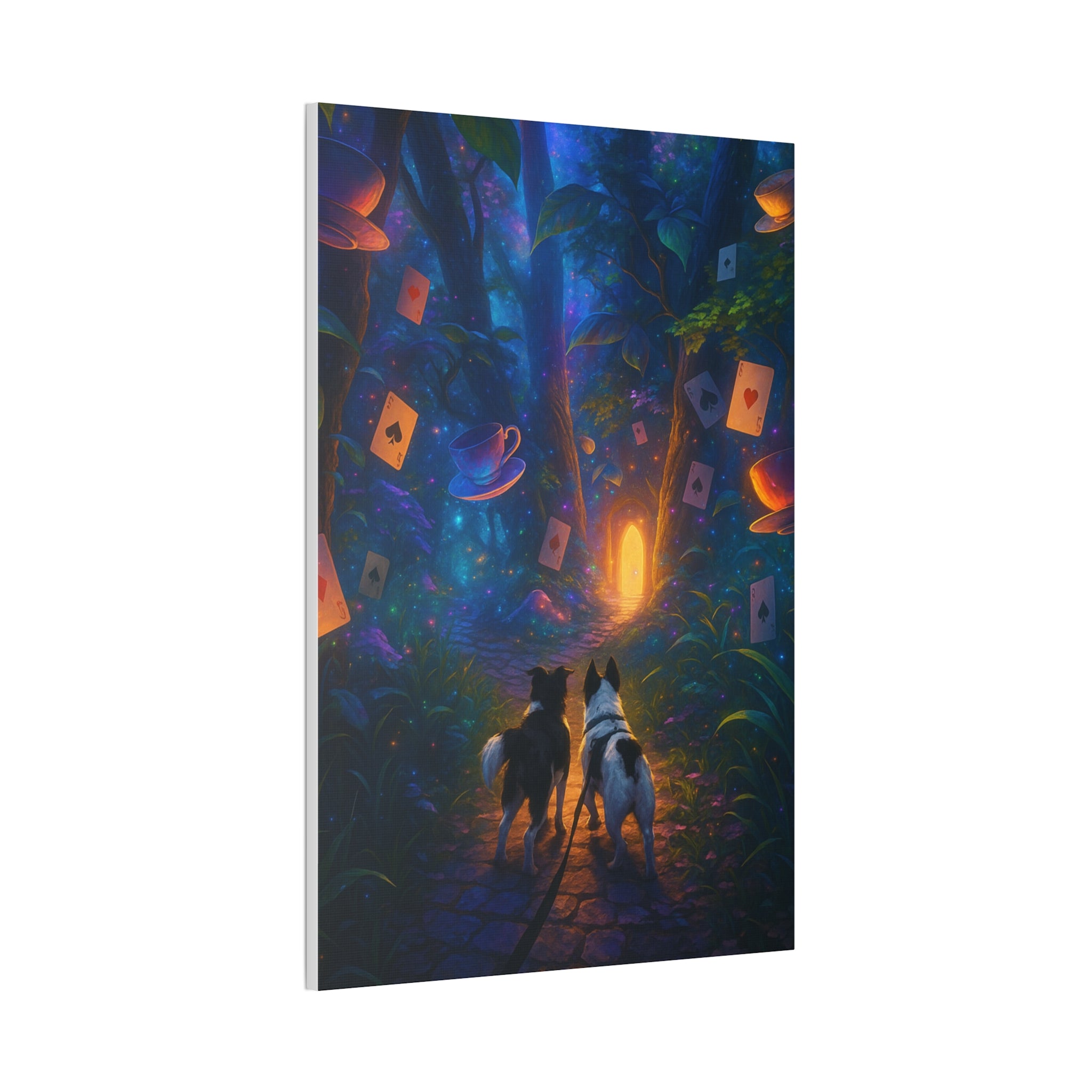 Magic Forest Canvas Wall Art — Dogs Exploring Wonderland with Glowing Door & Floating Playing Cards