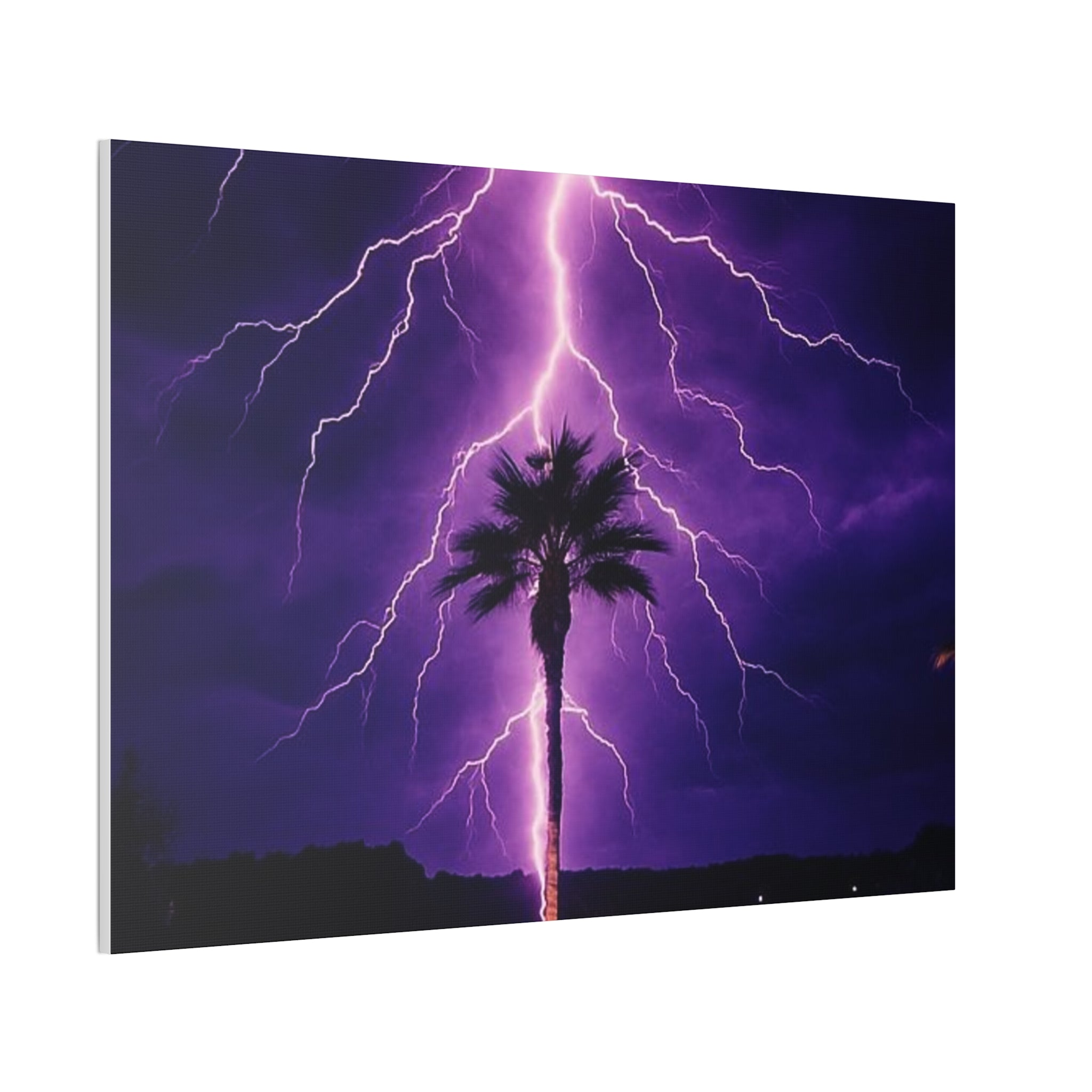 Purple Lightning Palm Tree Canvas Wall Art — Storm Photography Stretched Canvas