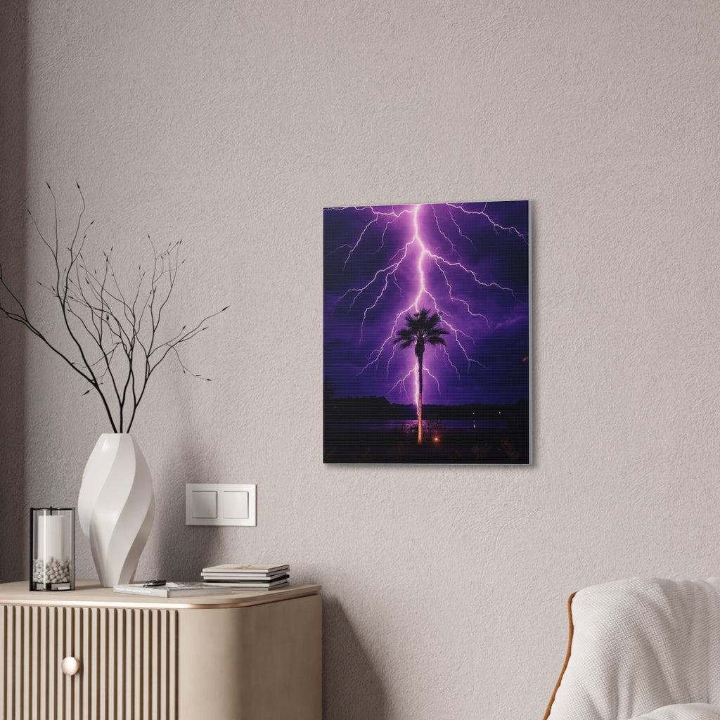 Purple Lightning Palm Tree Canvas Wall Art — Storm Photography Stretched Canvas