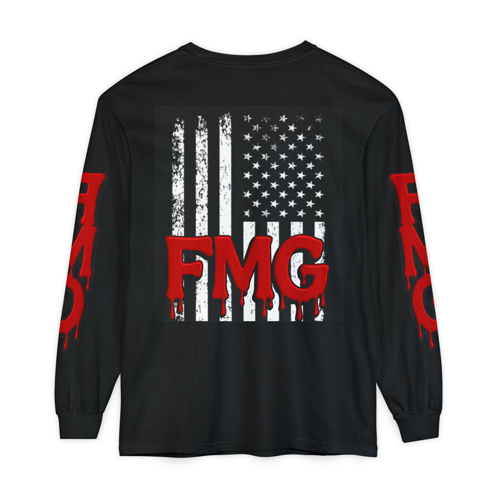Long Sleeve T-Shirt — Distressed American Flag with Dripping "FMG" Sleeves