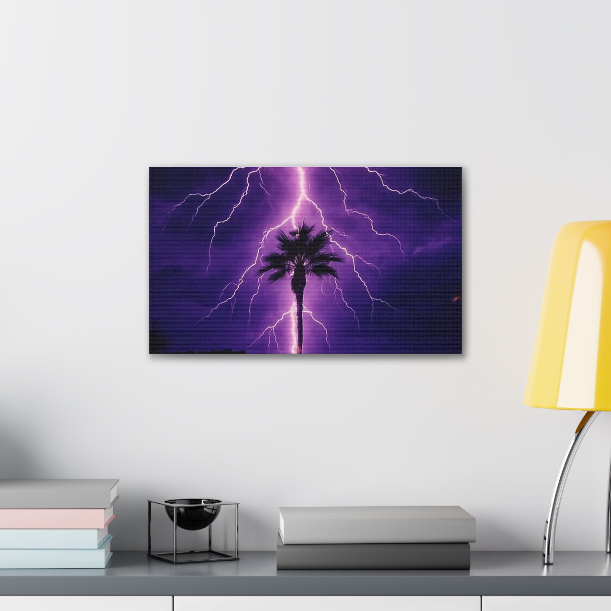 Purple Lightning Palm Tree Canvas Wall Art — Storm Photography Stretched Canvas