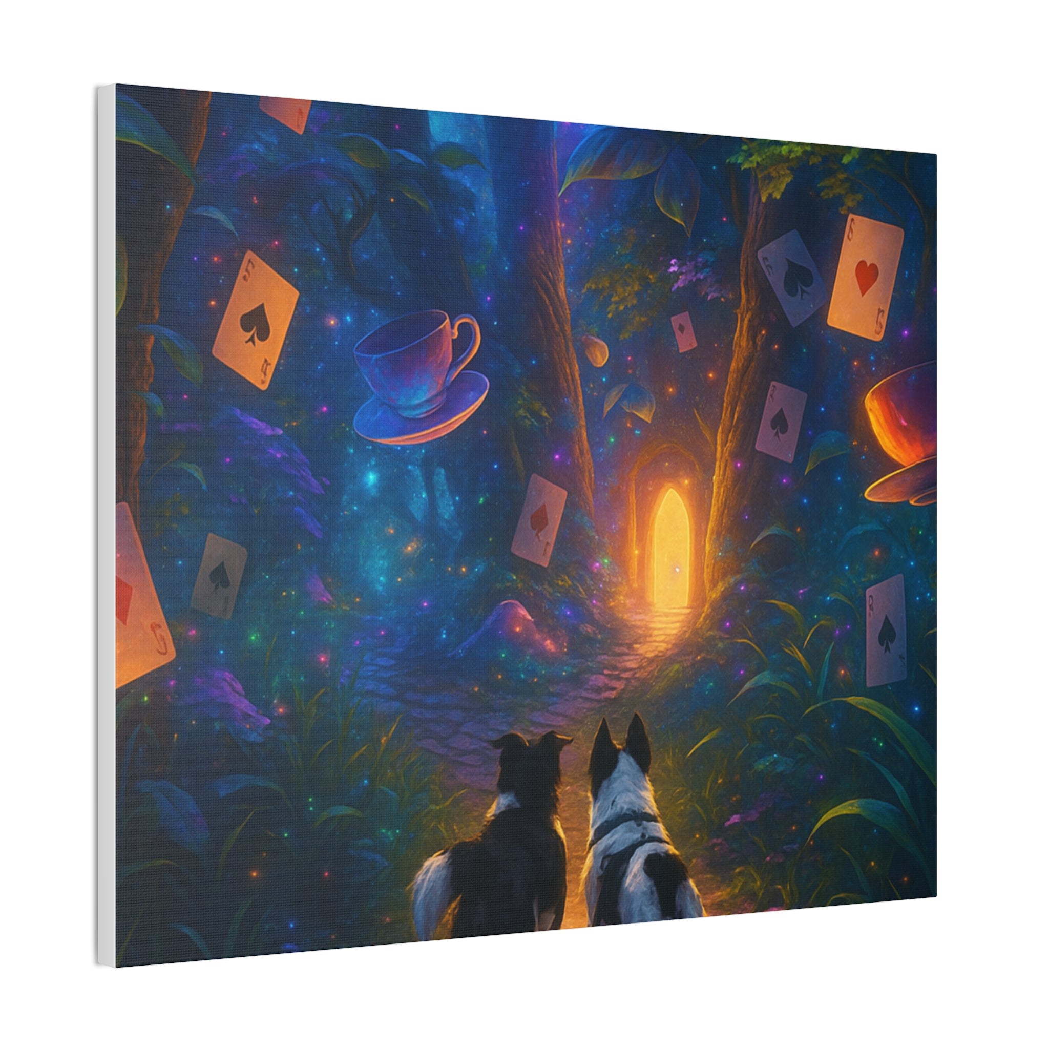 Magic Forest Canvas Wall Art — Dogs Exploring Wonderland with Glowing Door & Floating Playing Cards