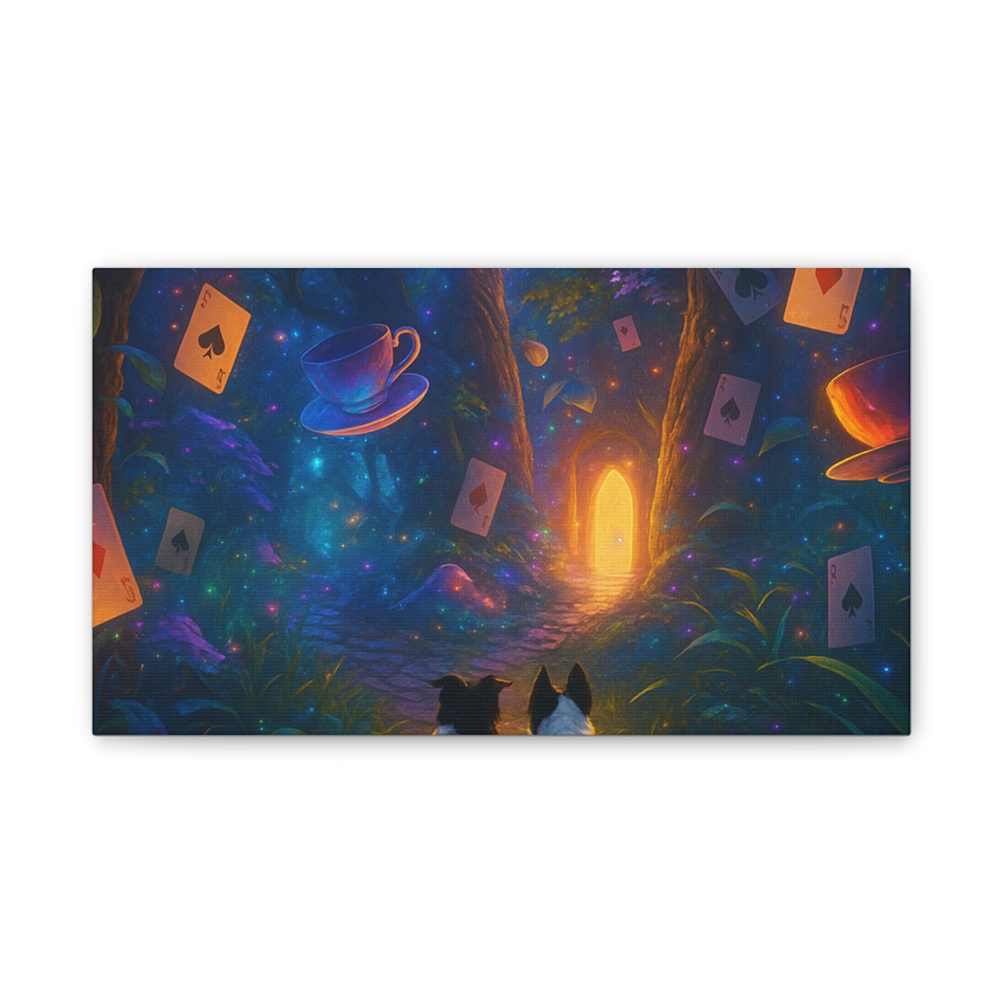 Magic Forest Canvas Wall Art — Dogs Exploring Wonderland with Glowing Door & Floating Playing Cards