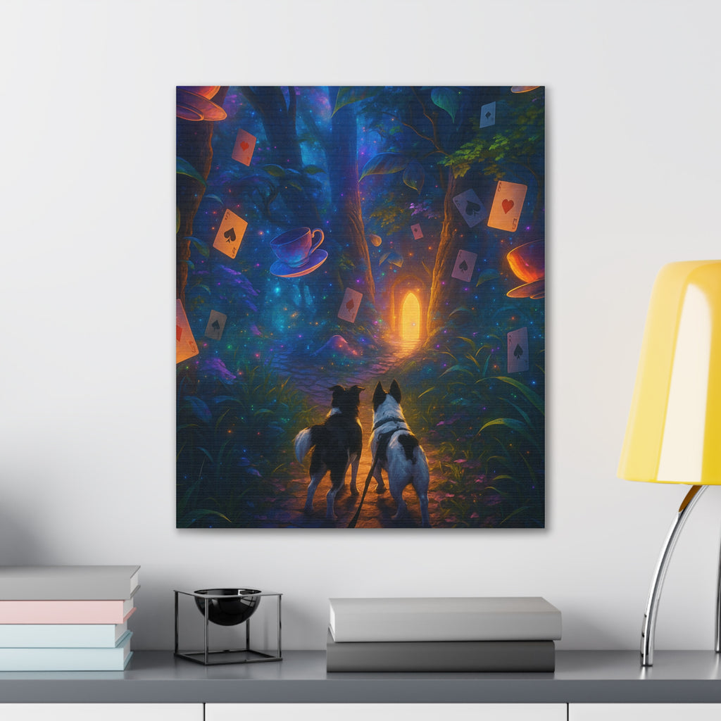 Magic Forest Canvas Wall Art — Dogs Exploring Wonderland with Glowing Door & Floating Playing Cards