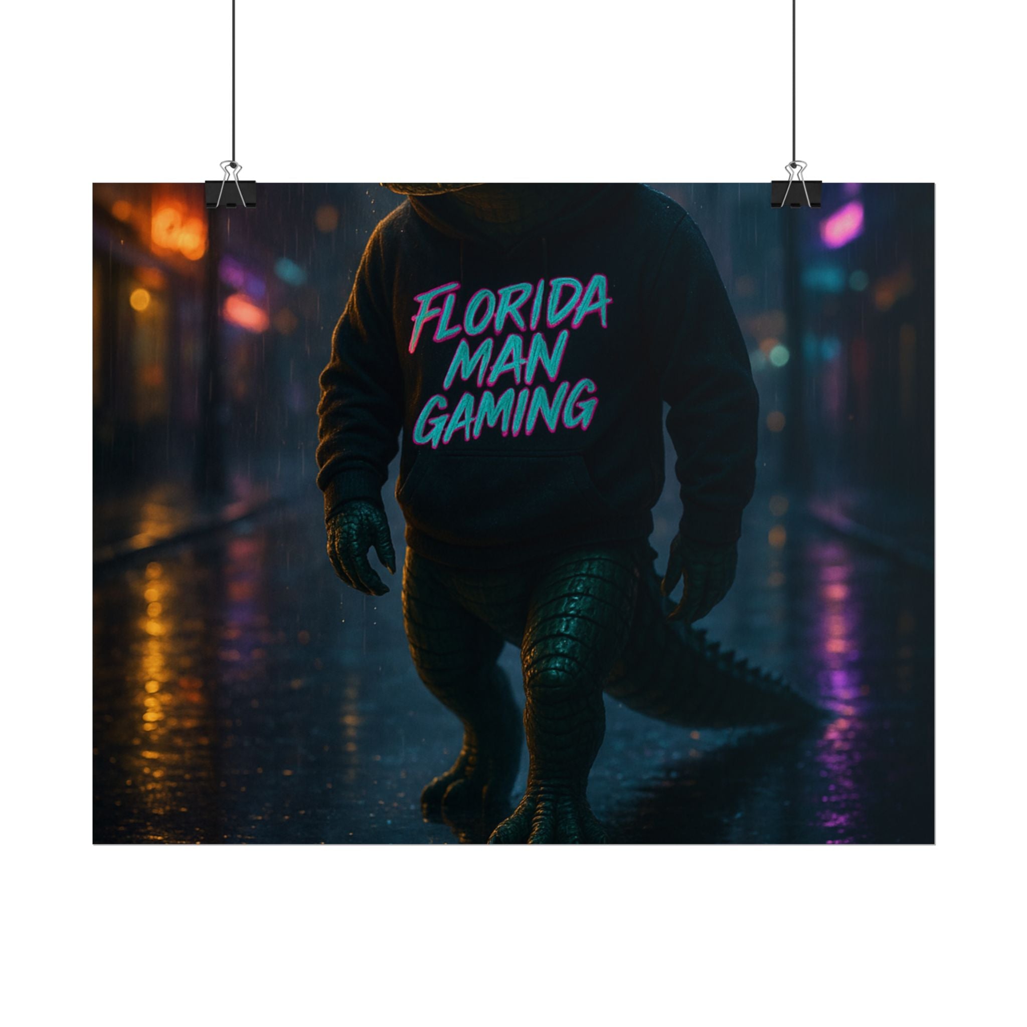 Rolled Posters - Florida Man Gaming Alligator Neon Cyberpunk Scene