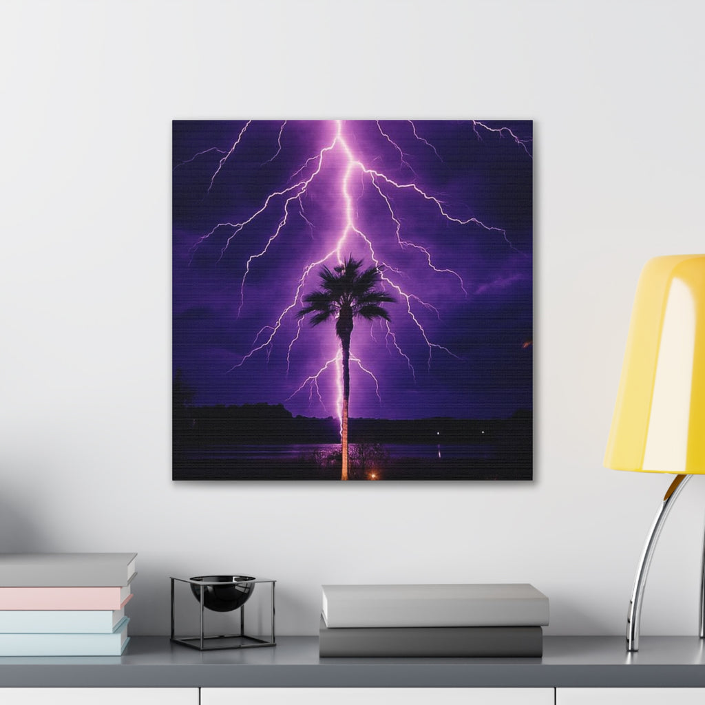 Purple Lightning Palm Tree Canvas Wall Art — Storm Photography Stretched Canvas