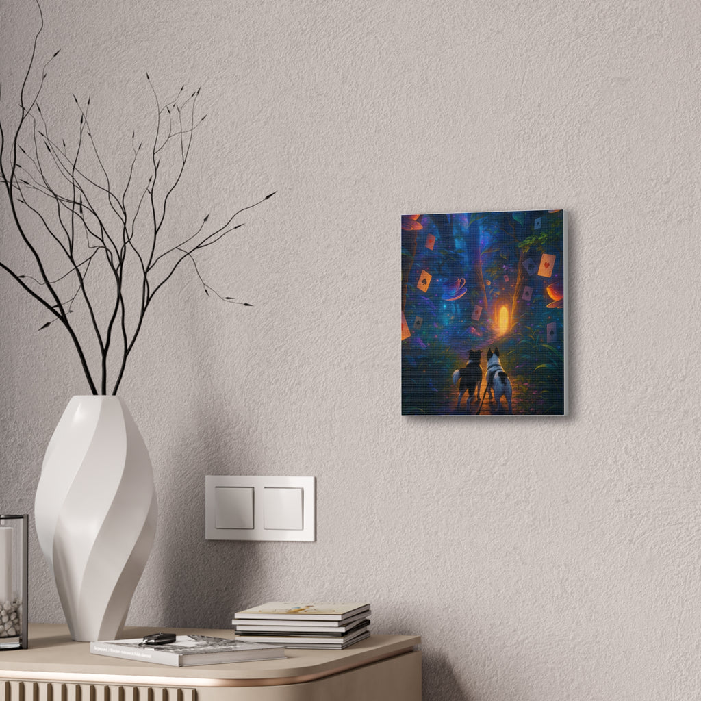 Magic Forest Canvas Wall Art — Dogs Exploring Wonderland with Glowing Door & Floating Playing Cards