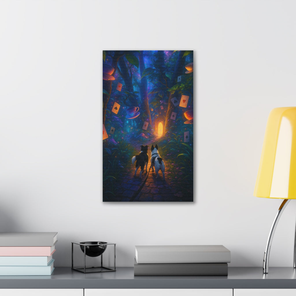Magic Forest Canvas Wall Art — Dogs Exploring Wonderland with Glowing Door & Floating Playing Cards