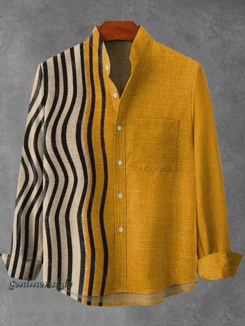 2025 Spring and Autumn Men'S Fashion Stand Collar Linen Long Sleeved Shirt Elegant Fragmented Pattern Printed Top