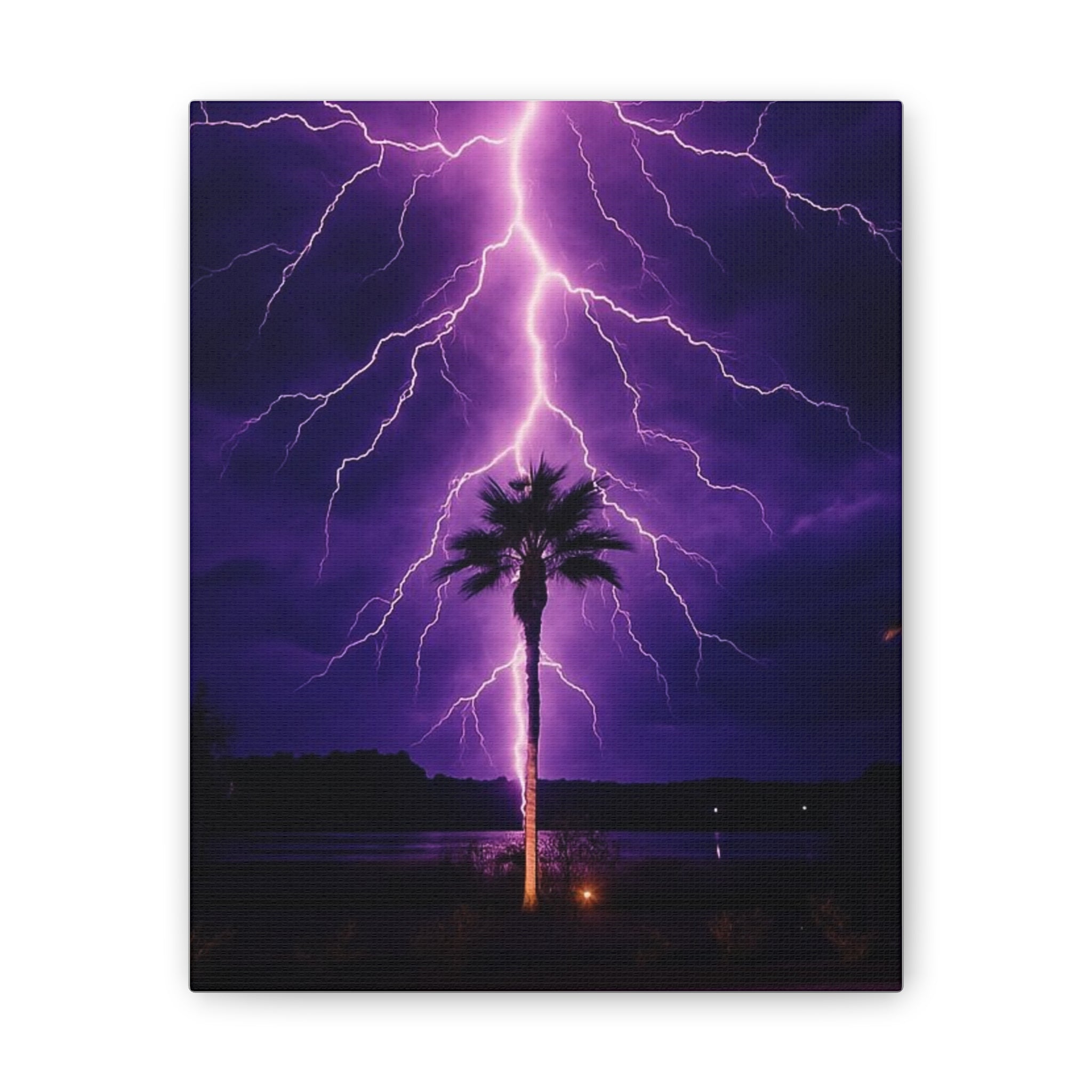 Purple Lightning Palm Tree Canvas Wall Art — Storm Photography Stretched Canvas
