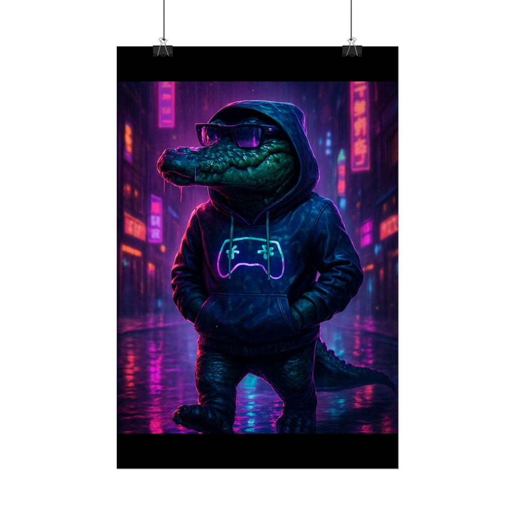 Rolled Posters - Florida Man Gaming Alligator Neon Gamer Hoodie Poster Print