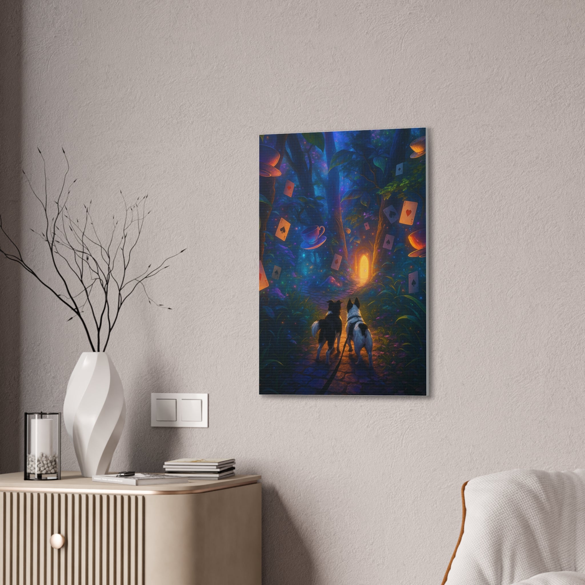 Magic Forest Canvas Wall Art — Dogs Exploring Wonderland with Glowing Door & Floating Playing Cards