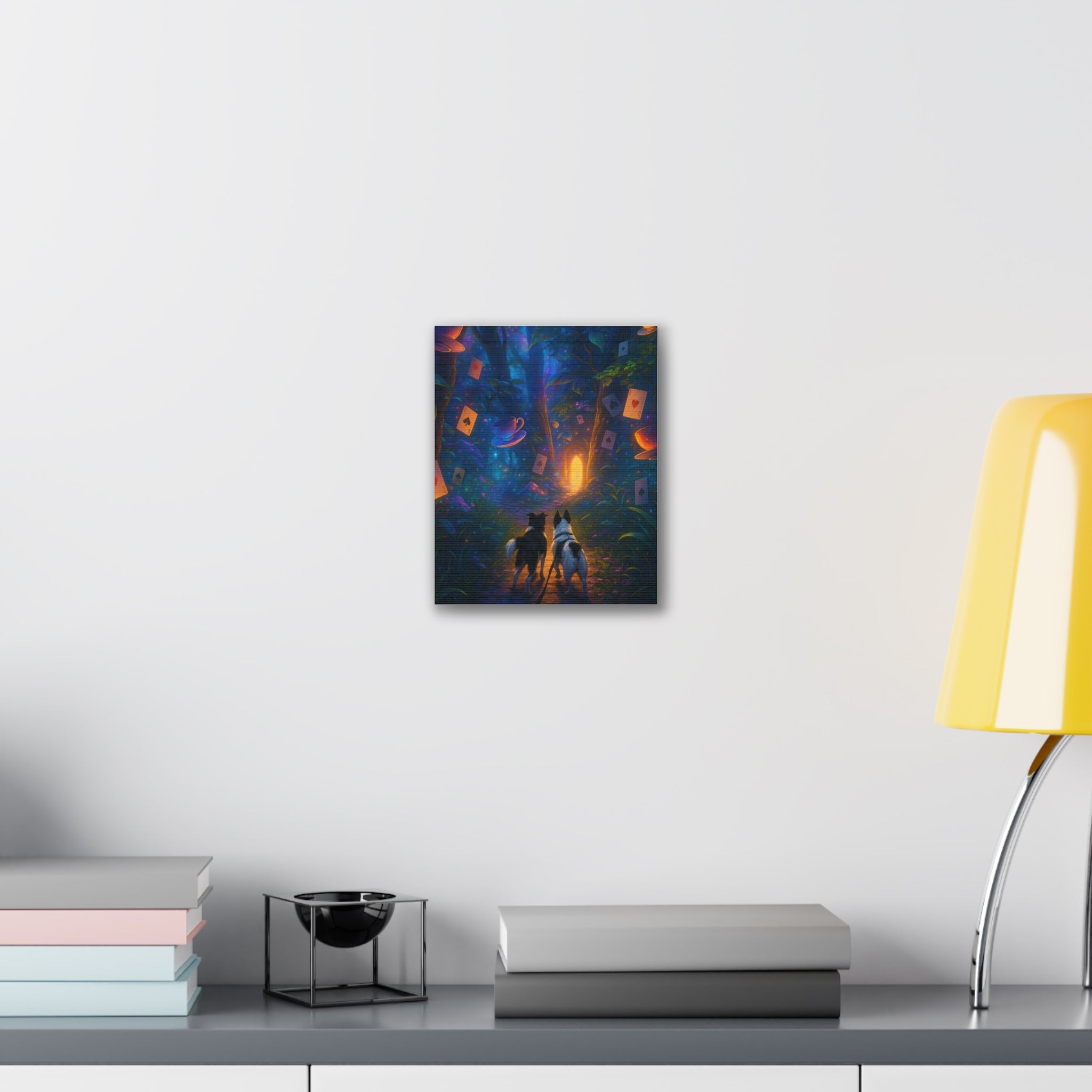Magic Forest Canvas Wall Art — Dogs Exploring Wonderland with Glowing Door & Floating Playing Cards