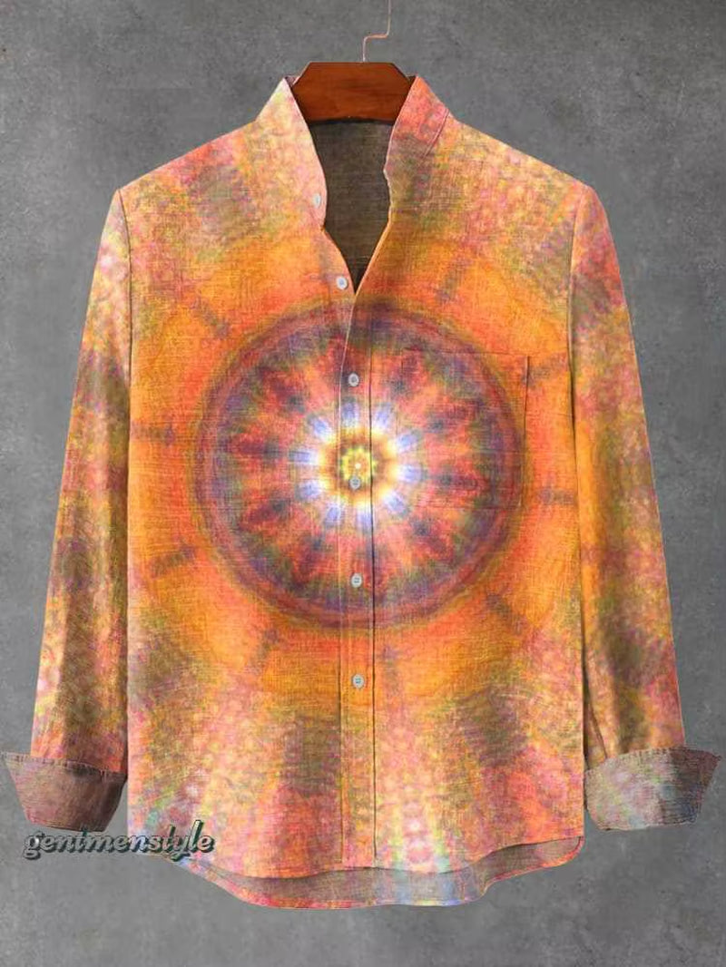 2025 Spring and Autumn Men'S Fashion Stand Collar Linen Long Sleeved Shirt Elegant Fragmented Pattern Printed Top