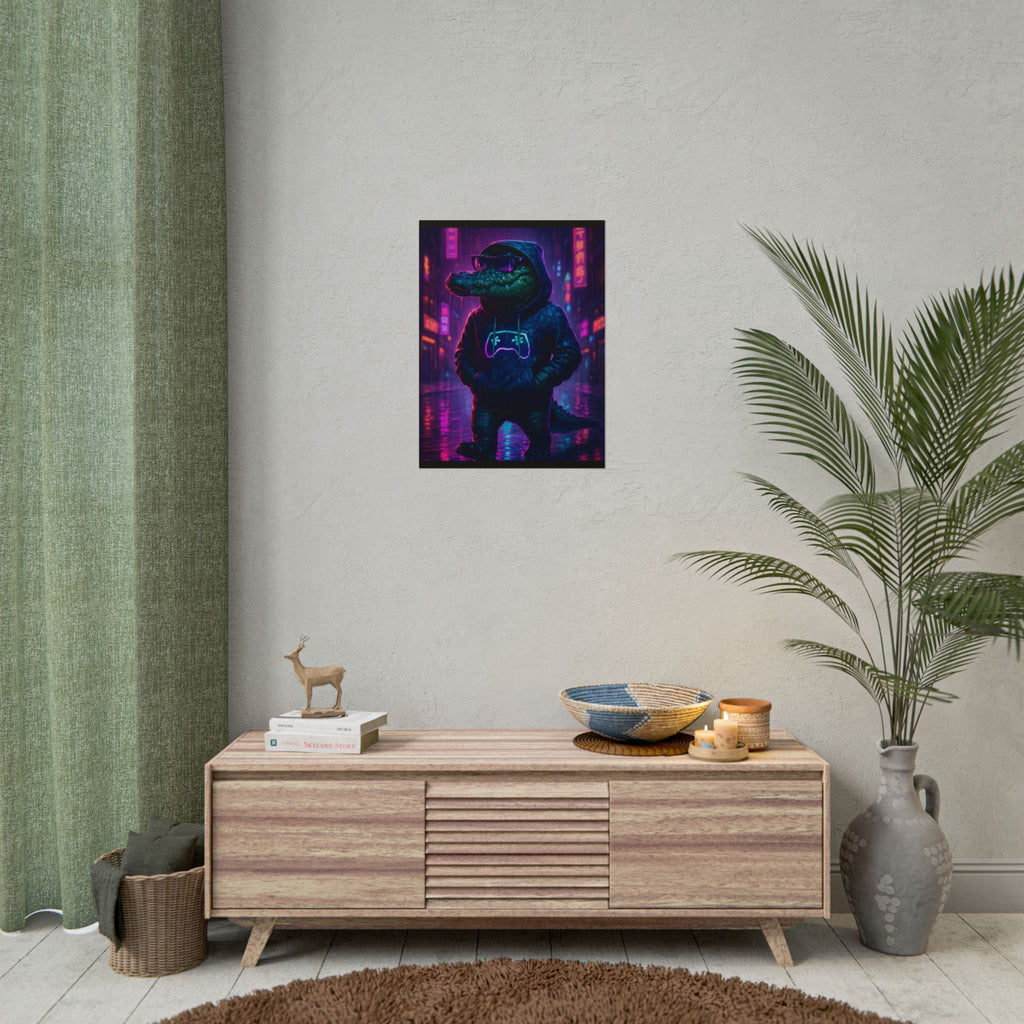 Rolled Posters - Florida Man Gaming Alligator Neon Gamer Hoodie Poster Print