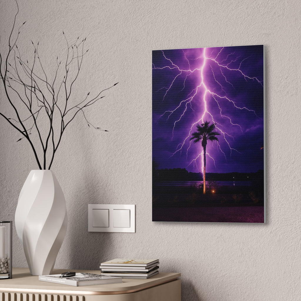 Purple Lightning Palm Tree Canvas Wall Art — Storm Photography Stretched Canvas