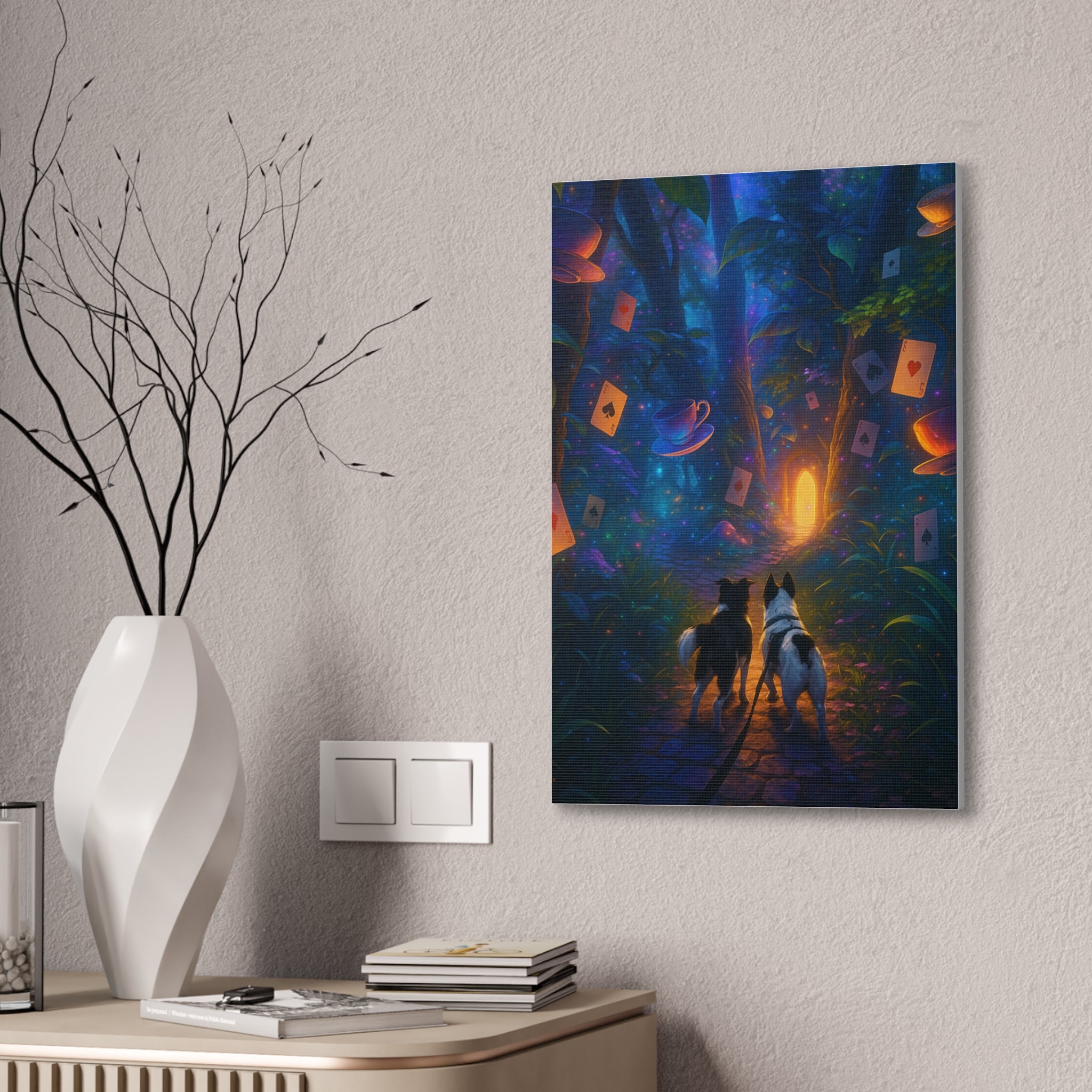 Magic Forest Canvas Wall Art — Dogs Exploring Wonderland with Glowing Door & Floating Playing Cards