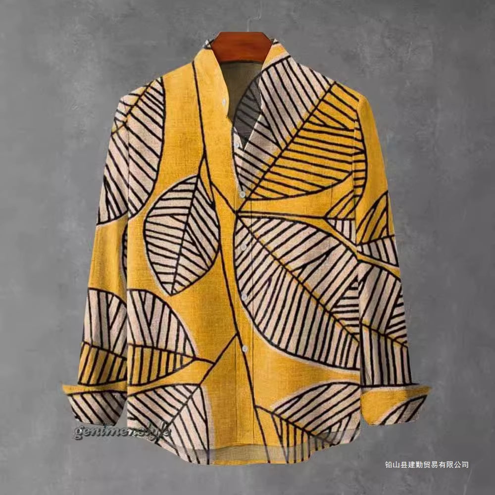2025 Spring and Autumn Men'S Fashion Stand Collar Linen Long Sleeved Shirt Elegant Fragmented Pattern Printed Top