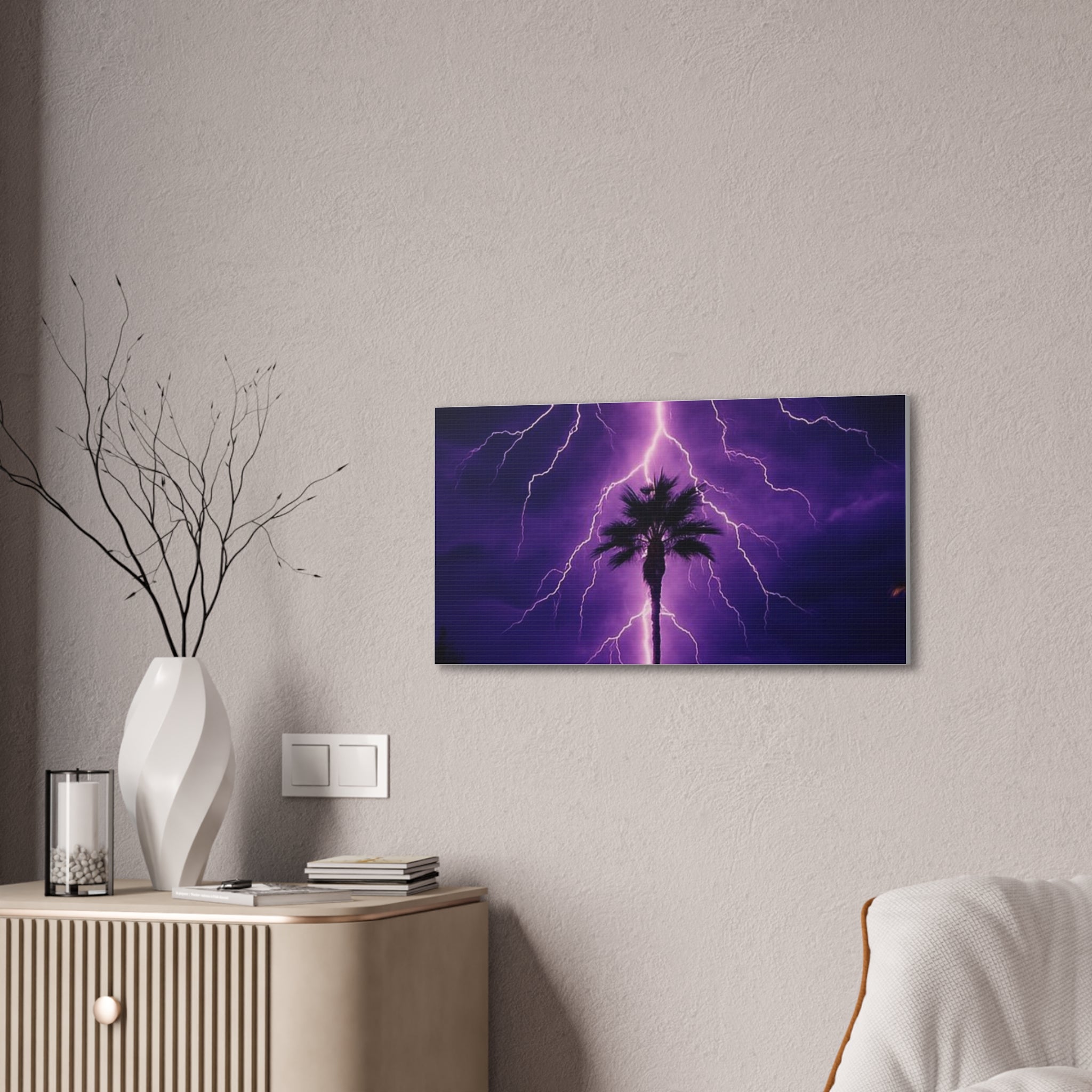 Purple Lightning Palm Tree Canvas Wall Art — Storm Photography Stretched Canvas