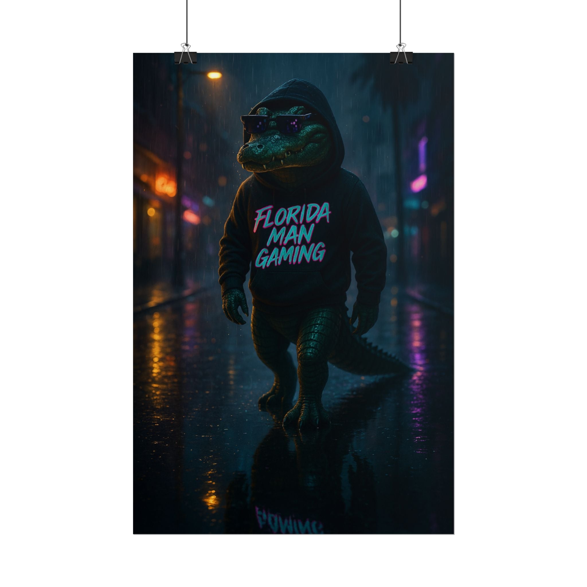 Rolled Posters - Florida Man Gaming Alligator Neon Cyberpunk Scene