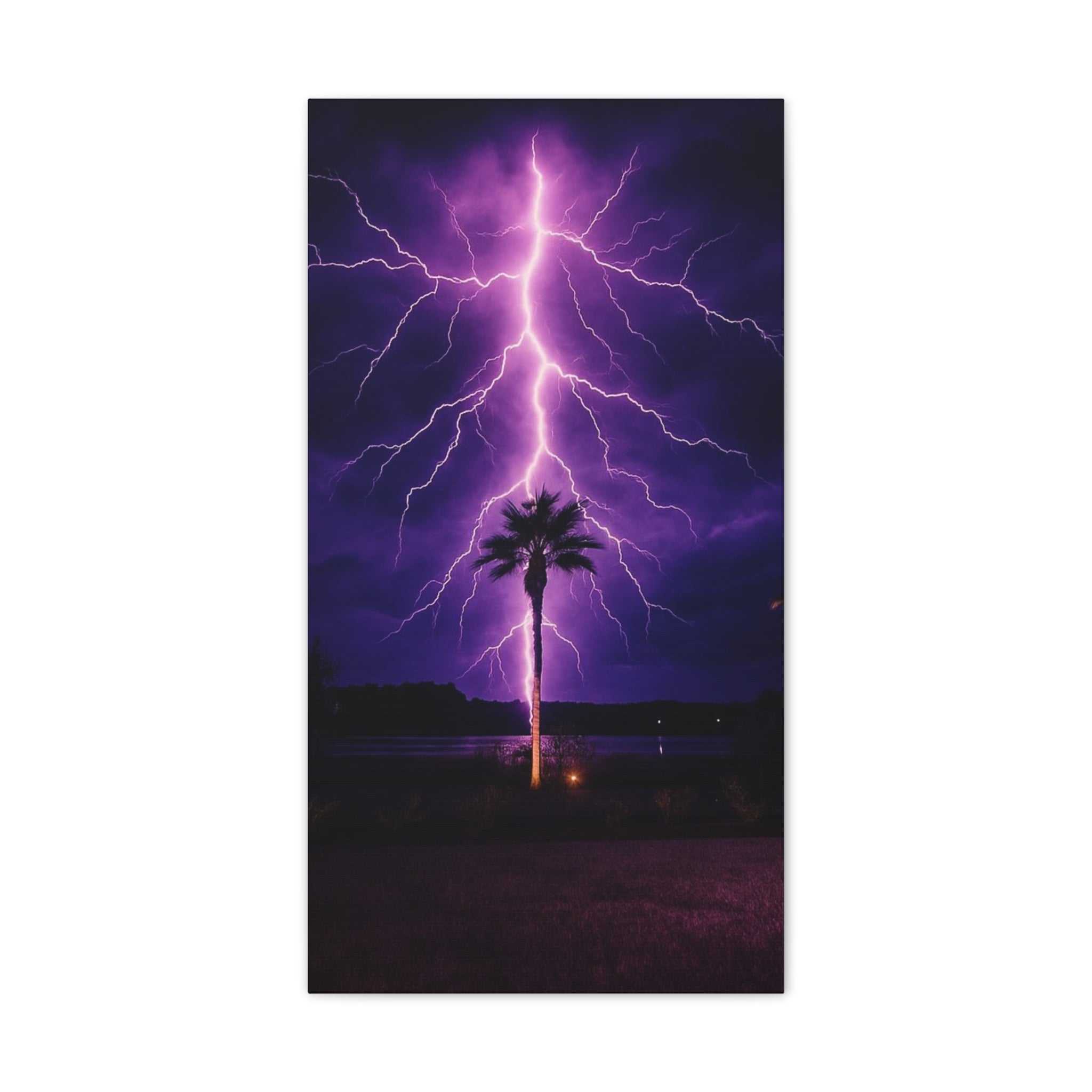 Purple Lightning Palm Tree Canvas Wall Art — Storm Photography Stretched Canvas