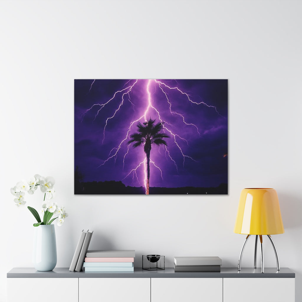 Purple Lightning Palm Tree Canvas Wall Art — Storm Photography Stretched Canvas
