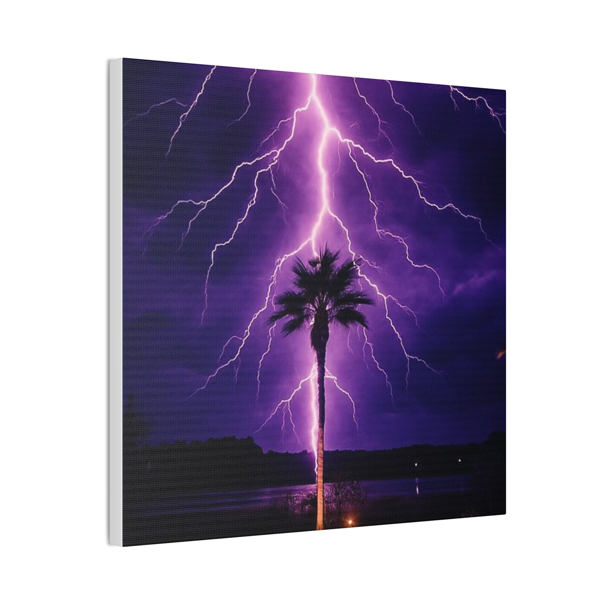 Purple Lightning Palm Tree Canvas Wall Art — Storm Photography Stretched Canvas