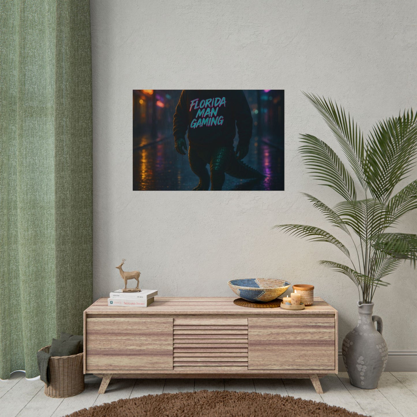 Rolled Posters - Florida Man Gaming Alligator Neon Cyberpunk Scene