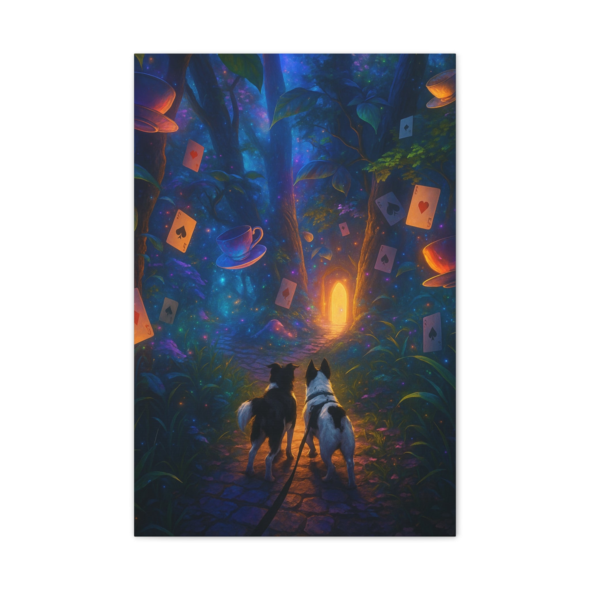 Magic Forest Canvas Wall Art — Dogs Exploring Wonderland with Glowing Door & Floating Playing Cards