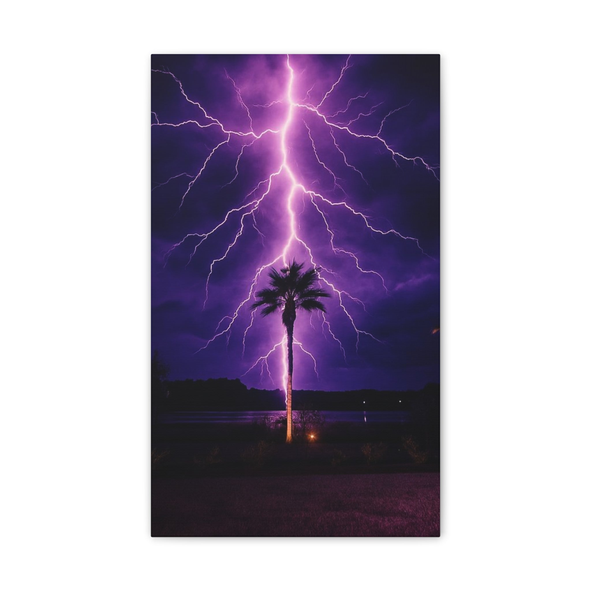 Purple Lightning Palm Tree Canvas Wall Art — Storm Photography Stretched Canvas