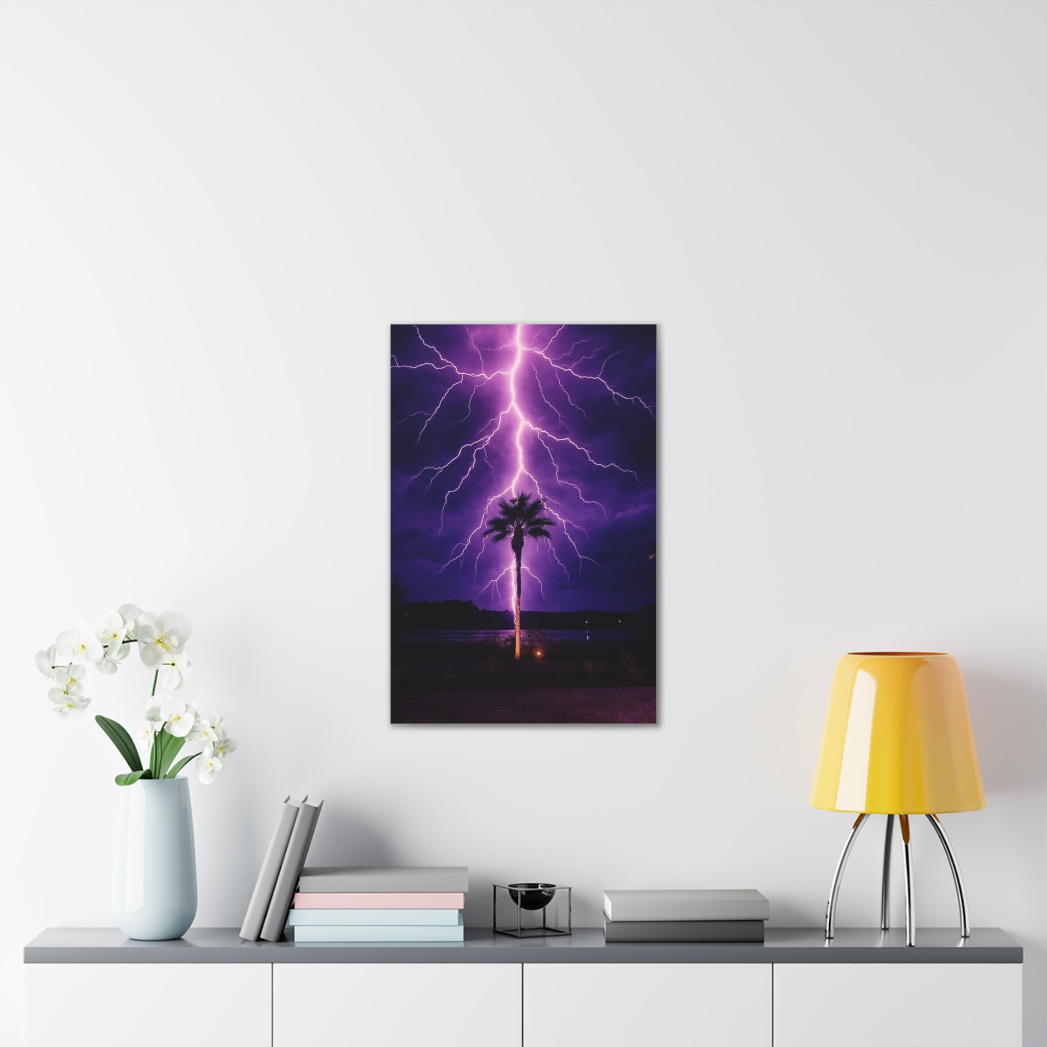 Purple Lightning Palm Tree Canvas Wall Art — Storm Photography Stretched Canvas