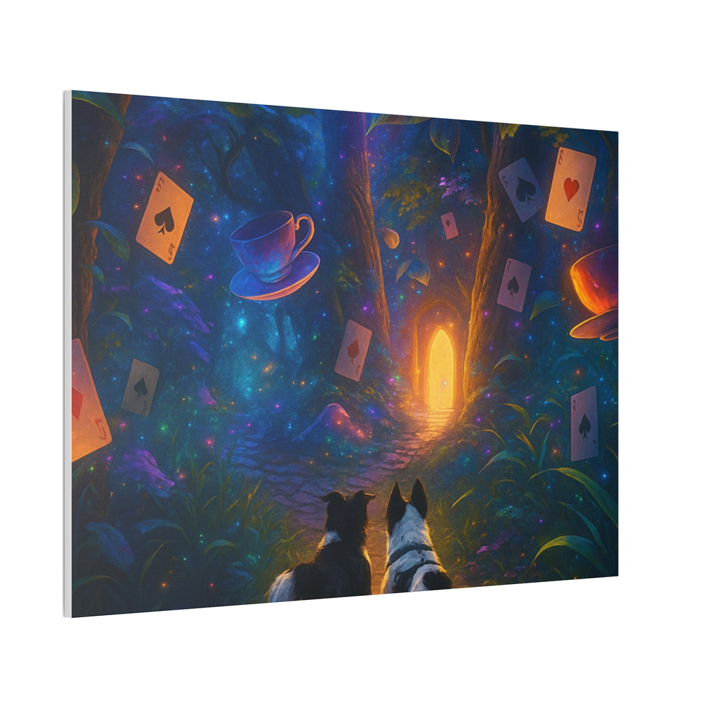 Magic Forest Canvas Wall Art — Dogs Exploring Wonderland with Glowing Door & Floating Playing Cards