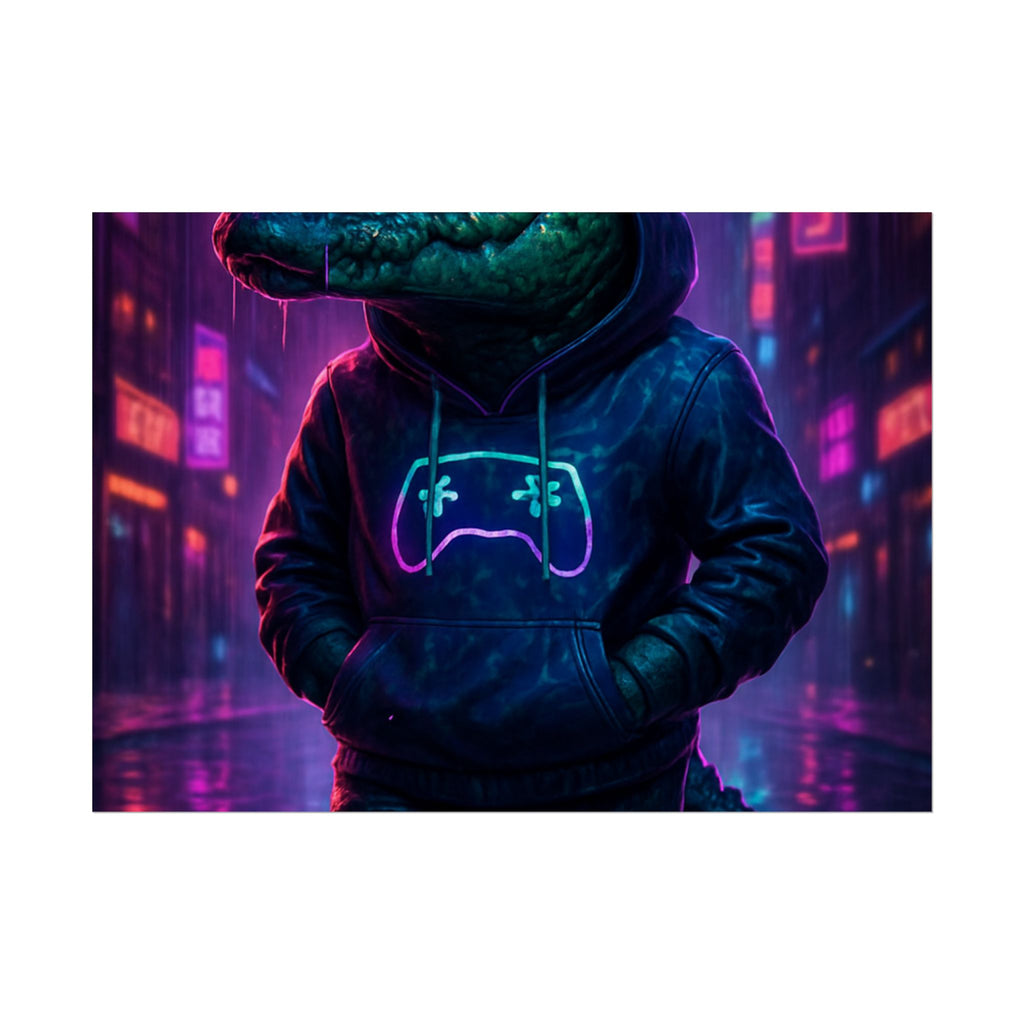 Rolled Posters - Florida Man Gaming Alligator Neon Gamer Hoodie Poster Print