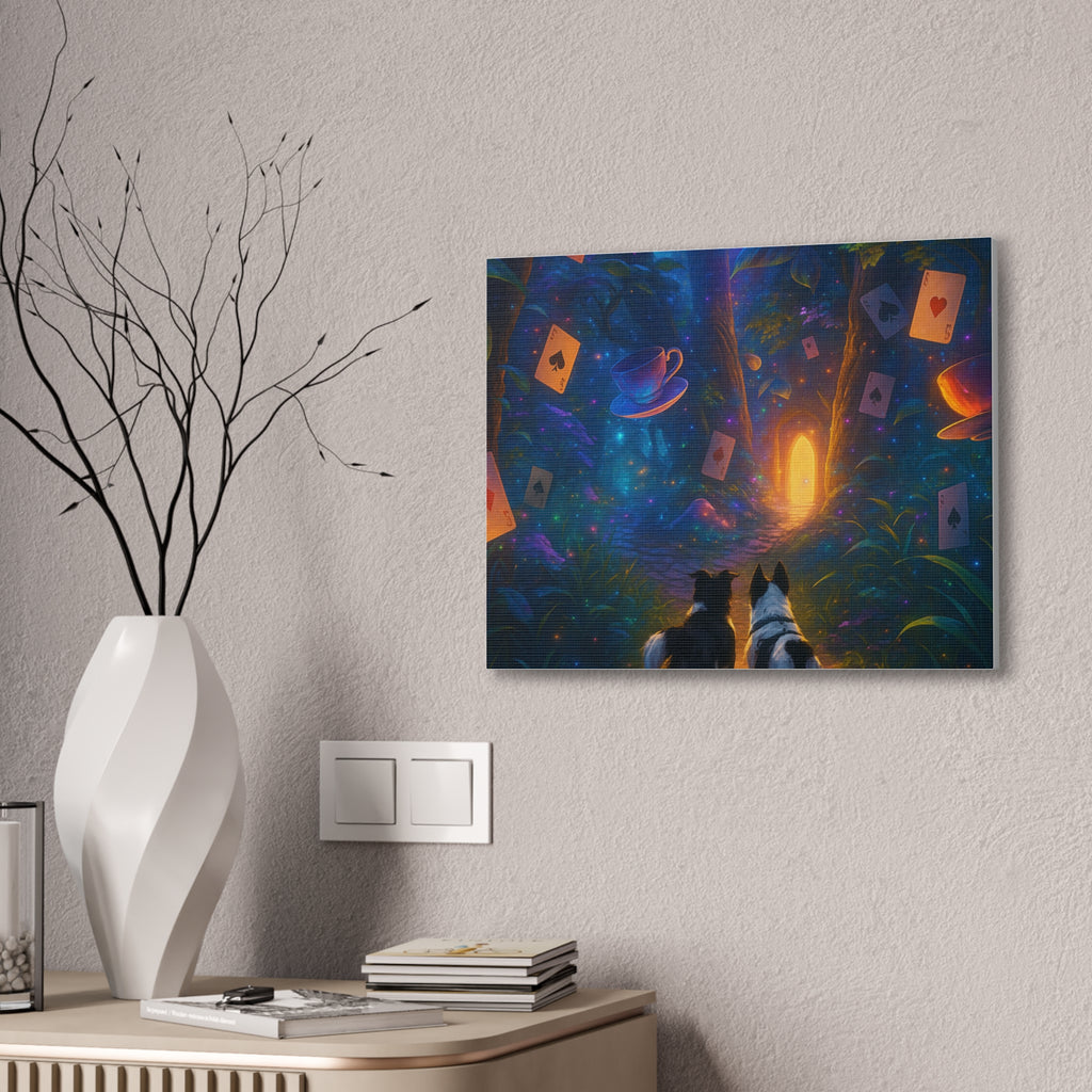 Magic Forest Canvas Wall Art — Dogs Exploring Wonderland with Glowing Door & Floating Playing Cards