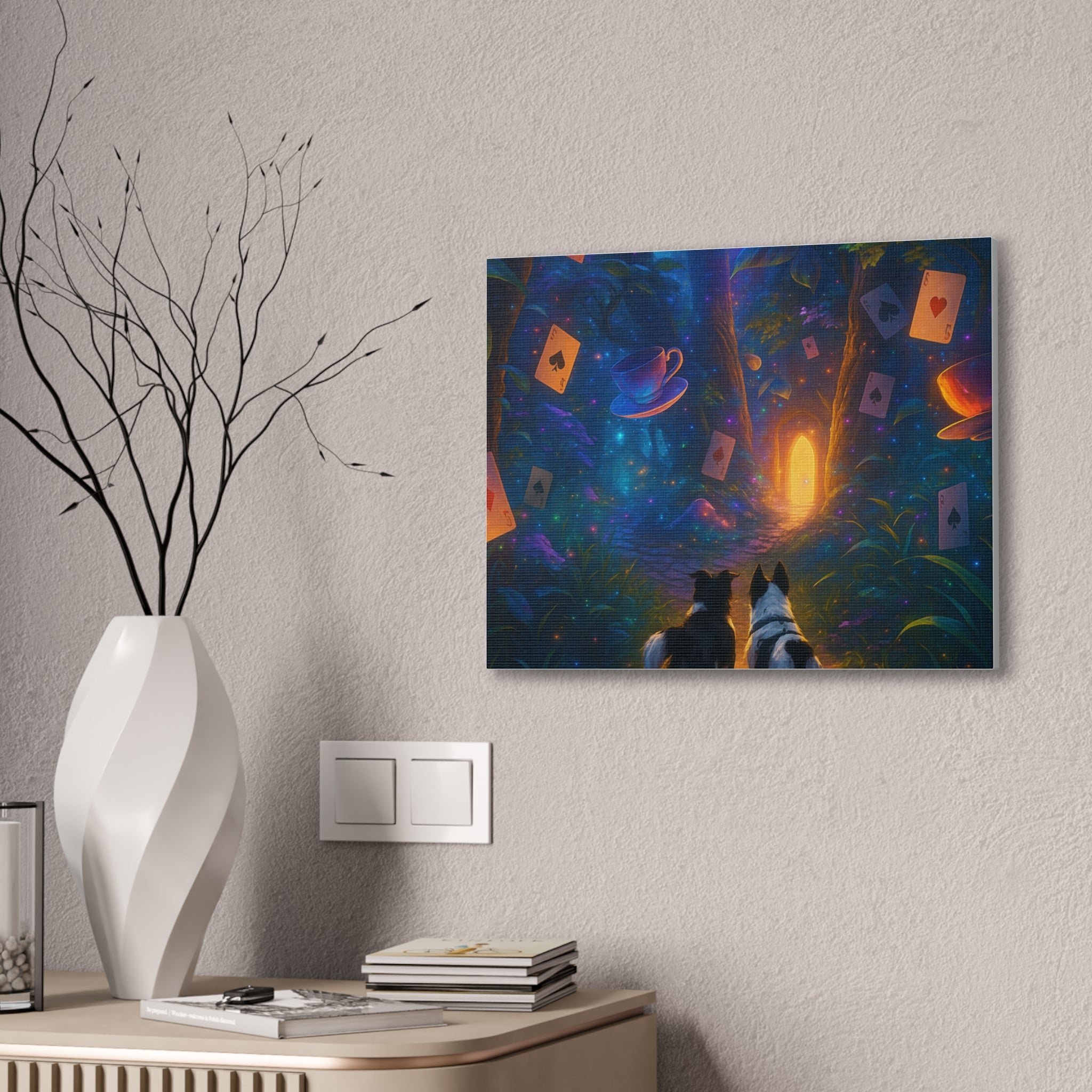 Magic Forest Canvas Wall Art — Dogs Exploring Wonderland with Glowing Door & Floating Playing Cards