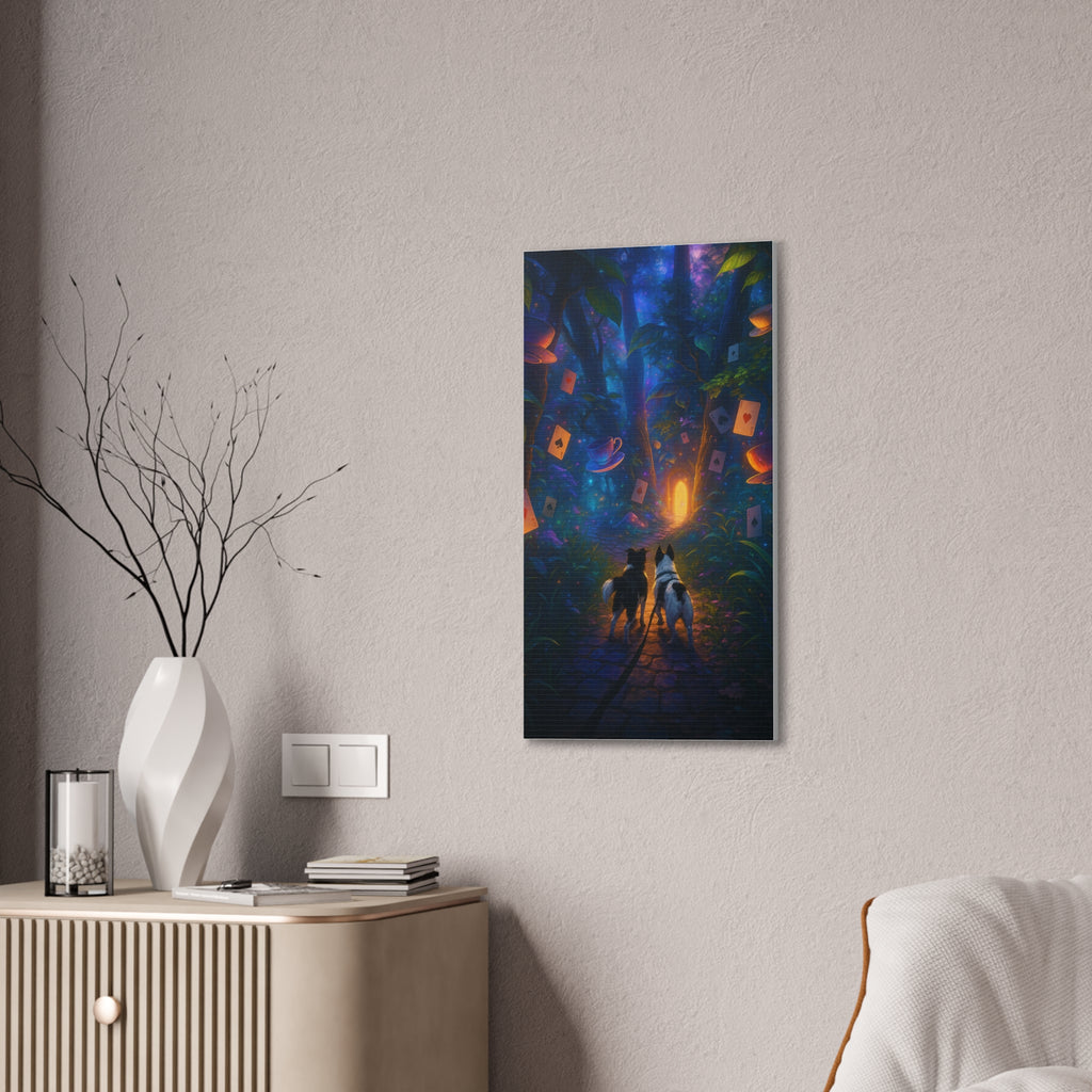 Magic Forest Canvas Wall Art — Dogs Exploring Wonderland with Glowing Door & Floating Playing Cards