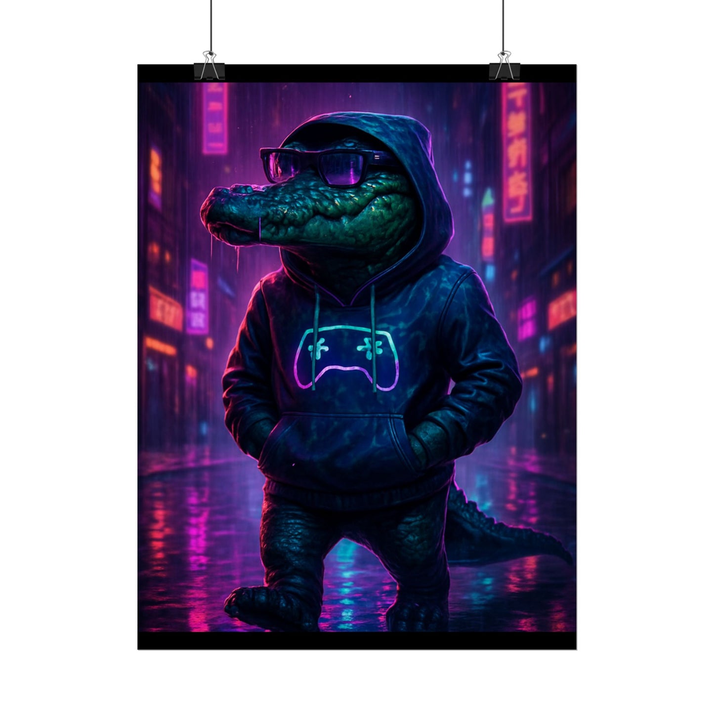 Rolled Posters - Florida Man Gaming Alligator Neon Gamer Hoodie Poster Print