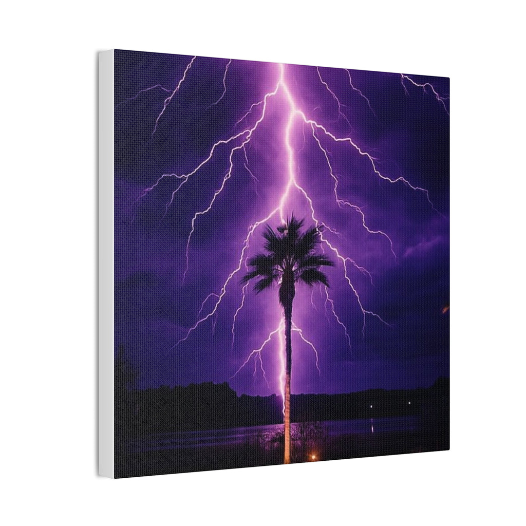 Purple Lightning Palm Tree Canvas Wall Art — Storm Photography Stretched Canvas