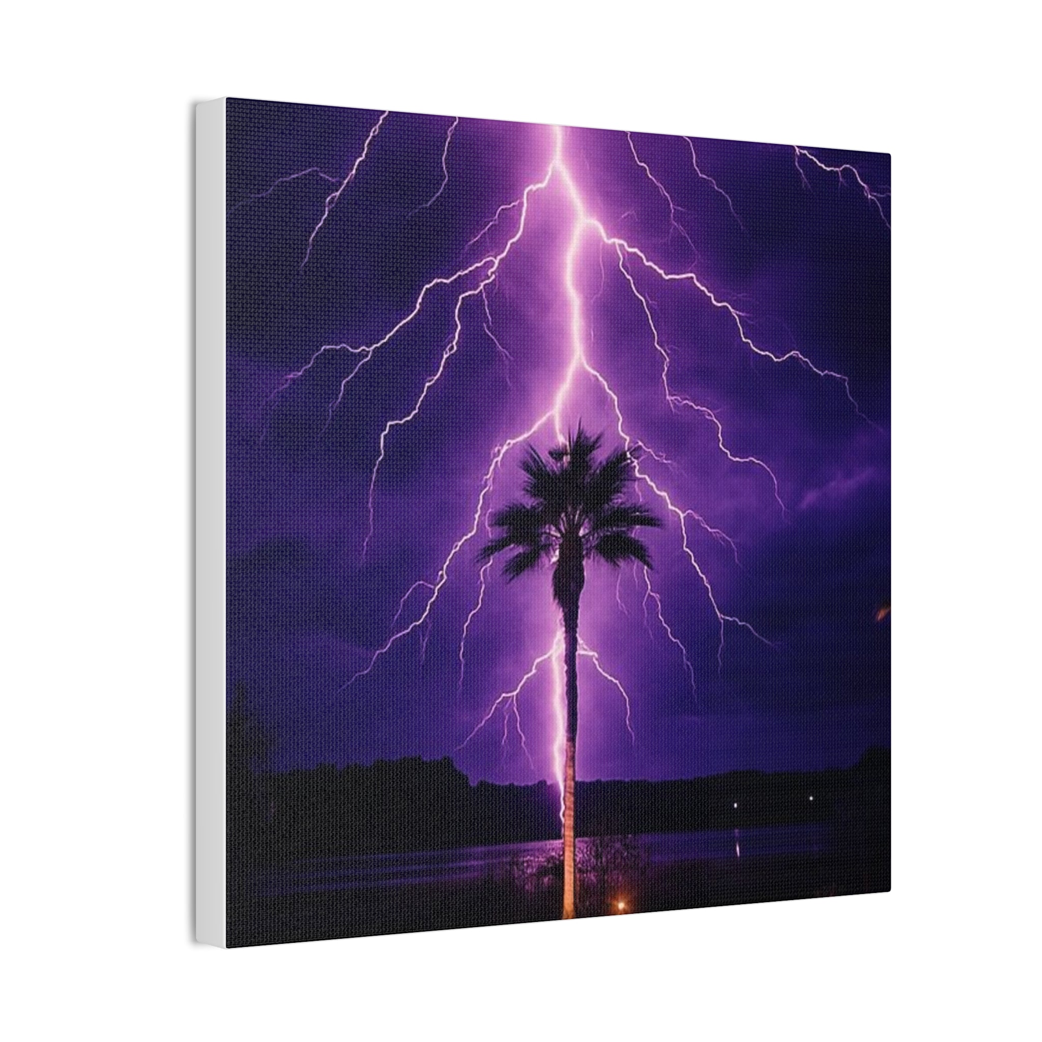 Purple Lightning Palm Tree Canvas Wall Art — Storm Photography Stretched Canvas