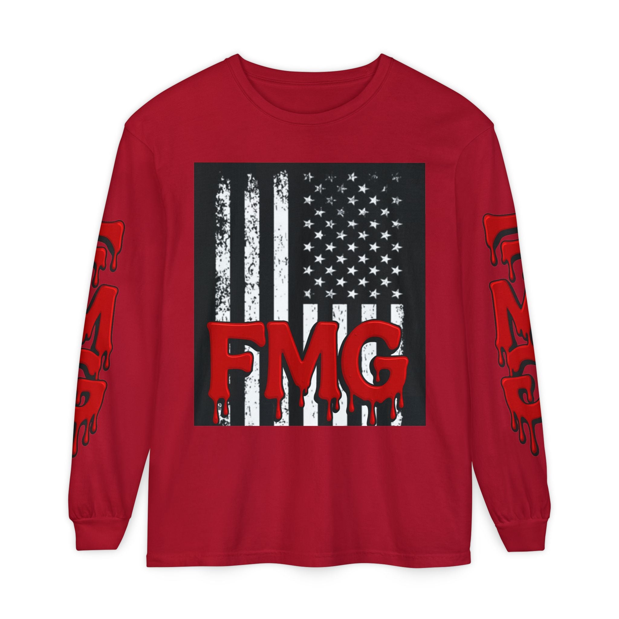 Long Sleeve T-Shirt — Distressed American Flag with Dripping "FMG" Sleeves