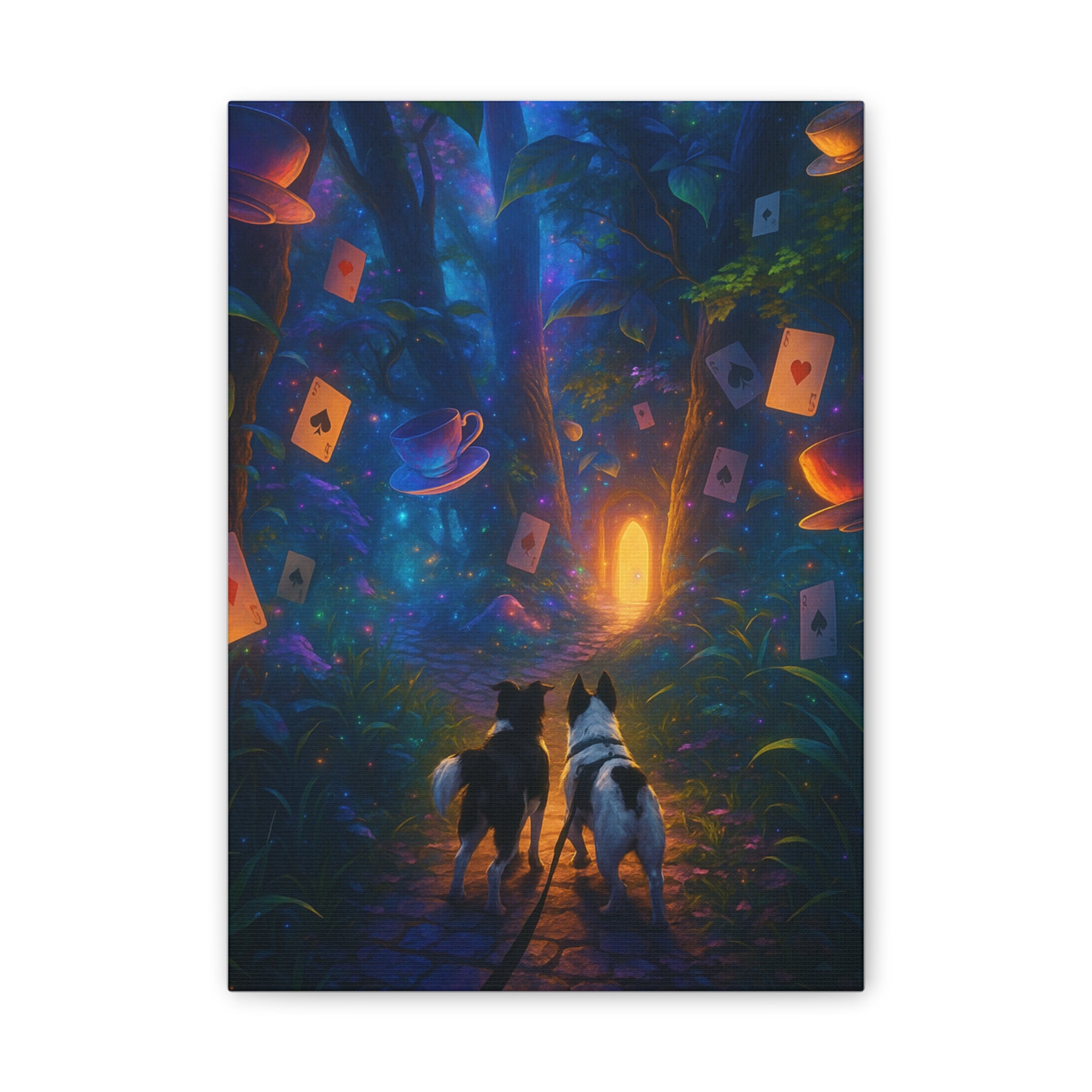 Magic Forest Canvas Wall Art — Dogs Exploring Wonderland with Glowing Door & Floating Playing Cards