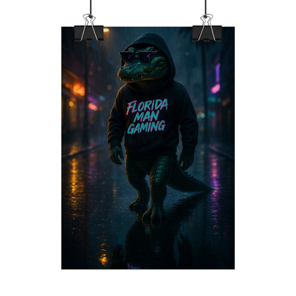 Rolled Posters - Florida Man Gaming Alligator Neon Cyberpunk Scene